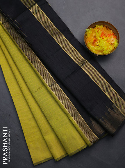 Semi dupion saree lime yellow and black with allover zari woven butta weaves and temple design zari woven border