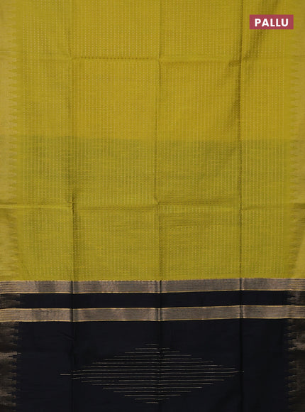 Semi dupion saree lime yellow and black with allover zari woven butta weaves and temple design zari woven border