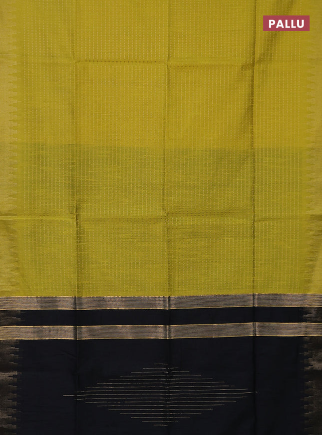 Semi dupion saree lime yellow and black with allover zari woven butta weaves and temple design zari woven border