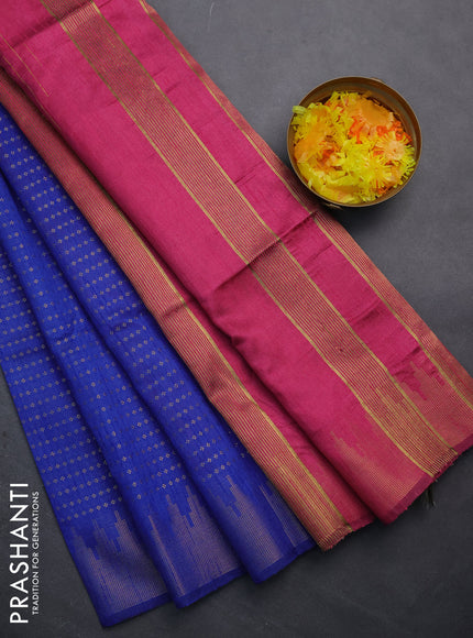 Semi dupion saree blue and magenta pink with allover zari woven butta weaves and temple design zari woven border