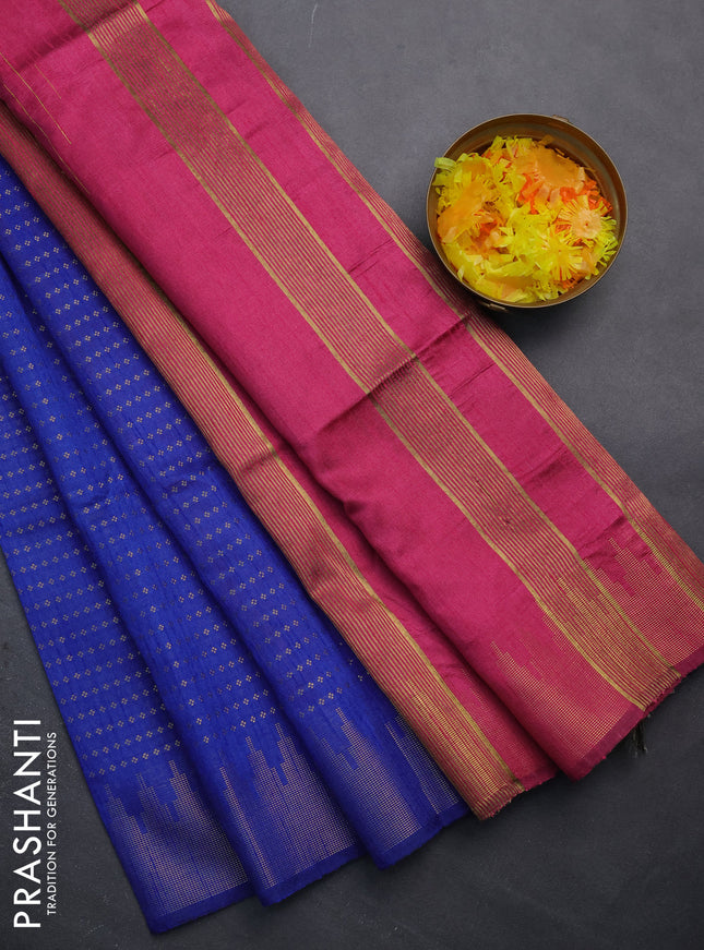 Semi dupion saree blue and magenta pink with allover zari woven butta weaves and temple design zari woven border