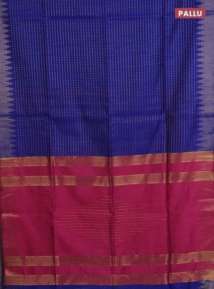 Semi dupion saree blue and magenta pink with allover zari woven butta weaves and temple design zari woven border