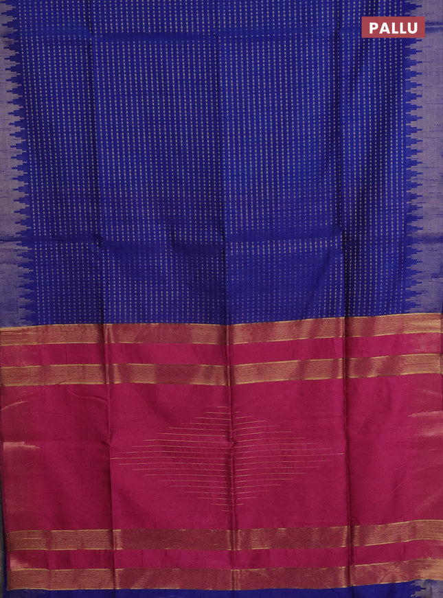 Semi dupion saree blue and magenta pink with allover zari woven butta weaves and temple design zari woven border