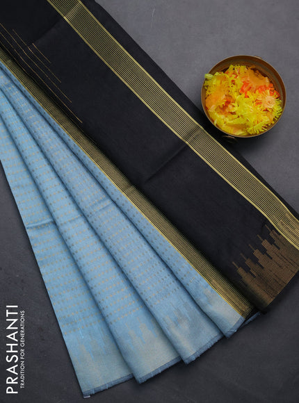 Semi dupion saree pastel blue and black with allover zari woven butta weaves and temple design zari woven border