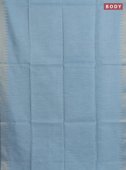 Semi dupion saree pastel blue and black with allover zari woven butta weaves and temple design zari woven border