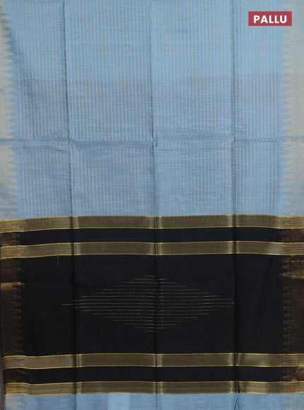 Semi dupion saree pastel blue and black with allover zari woven butta weaves and temple design zari woven border