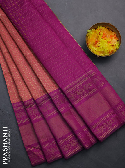 Semi dupion saree peach pink and purple with allover zari checks & buttas and long zari woven border