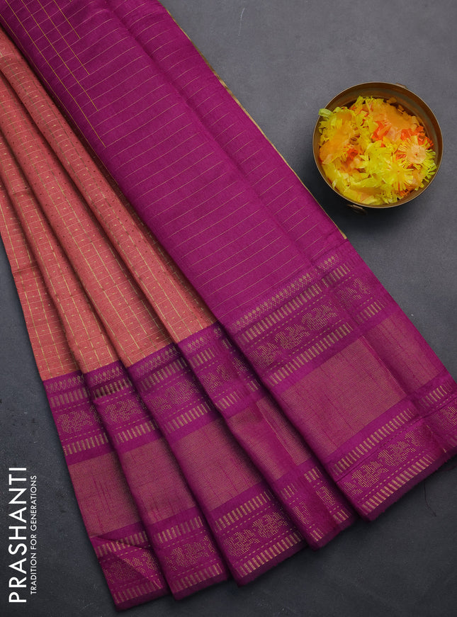 Semi dupion saree peach pink and purple with allover zari checks & buttas and long zari woven border