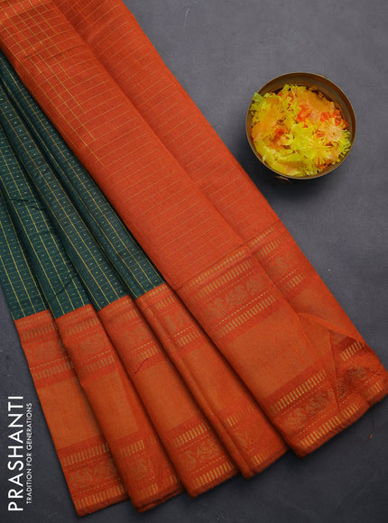Semi dupion saree green and orange with allover zari checks & buttas and long zari woven border