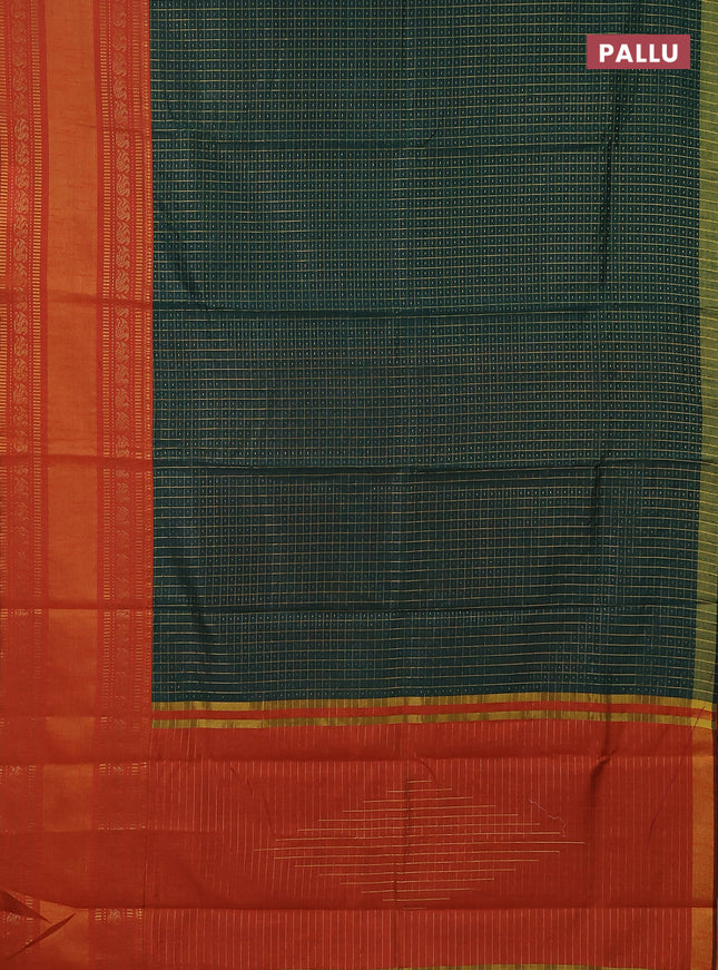 Semi dupion saree green and orange with allover zari checks & buttas and long zari woven border