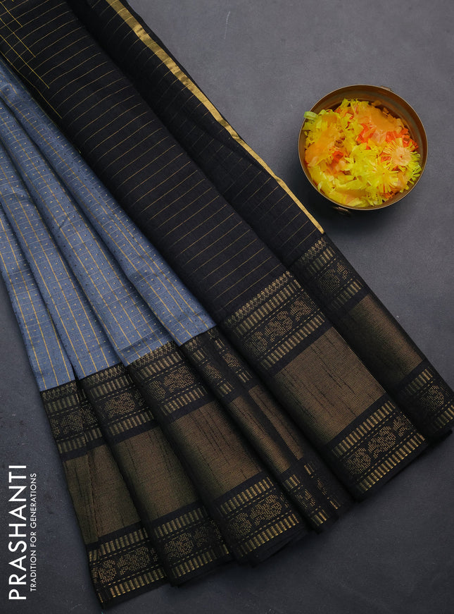 Semi dupion saree grey and black with allover zari checks & buttas and long zari woven border