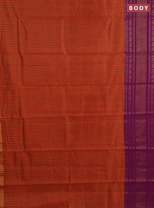 Semi dupion saree orange and purple with allover zari checks & buttas and long zari woven border