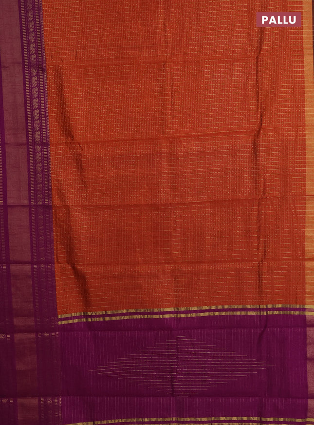 Semi dupion saree orange and purple with allover zari checks & buttas and long zari woven border