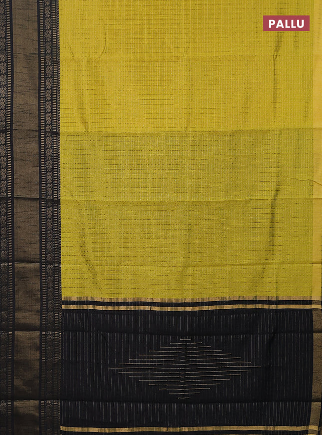 Semi dupion saree lime yellow and black with allover zari checks & buttas and long zari woven border