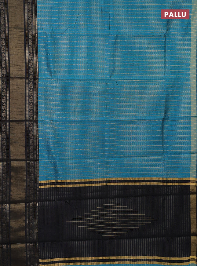 Semi dupion saree teal blue and black with allover zari checks & buttas and long zari woven border
