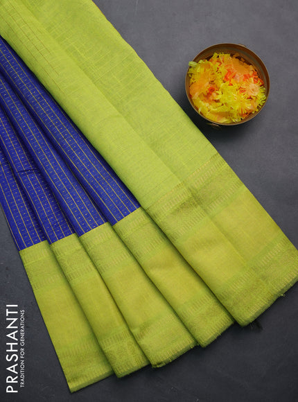 Semi dupion saree blue and fluorescent green with allover zari checks & buttas and long zari woven border
