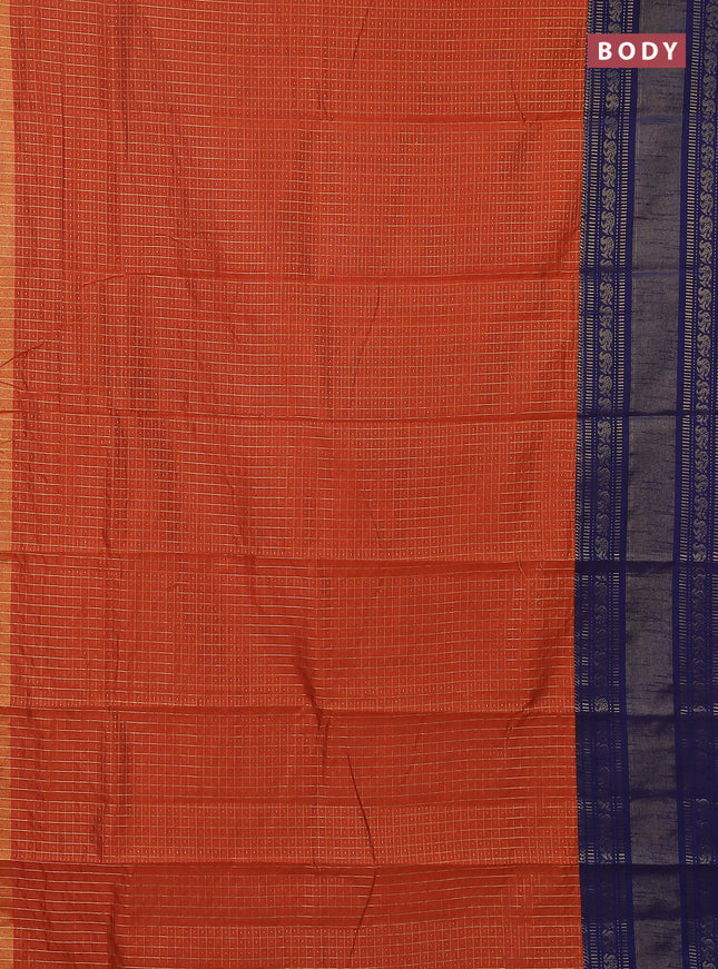 Semi dupion saree orange and navy blue with allover zari checks & buttas and long zari woven border