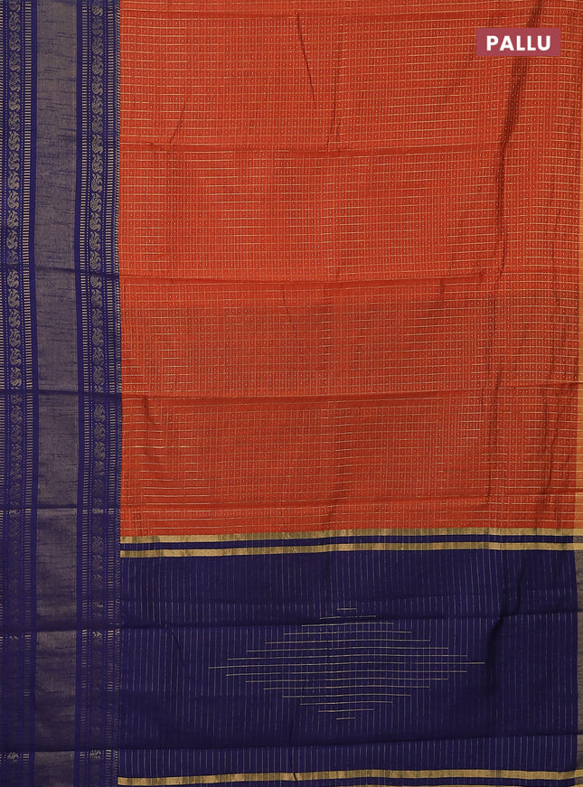 Semi dupion saree orange and navy blue with allover zari checks & buttas and long zari woven border