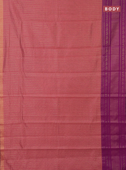 Semi dupion saree peach pink and purple with allover zari checks & buttas and long zari woven border