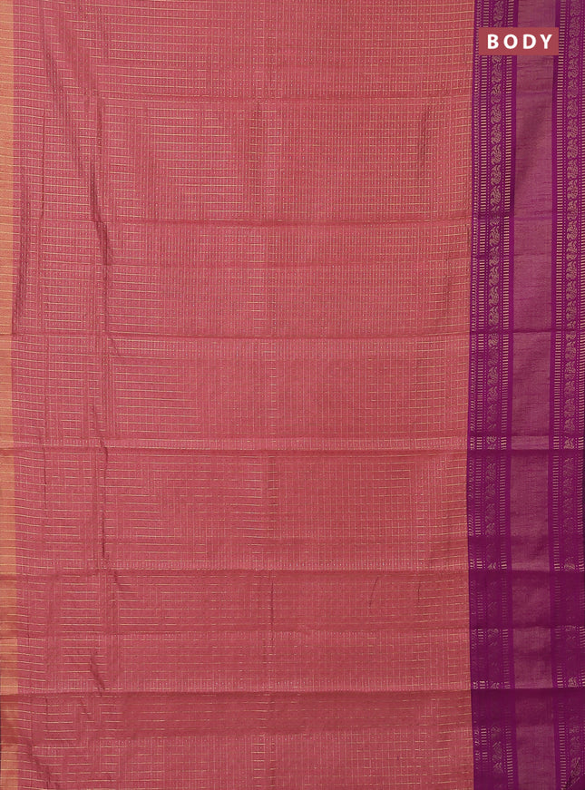 Semi dupion saree peach pink and purple with allover zari checks & buttas and long zari woven border