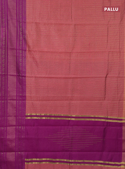 Semi dupion saree peach pink and purple with allover zari checks & buttas and long zari woven border