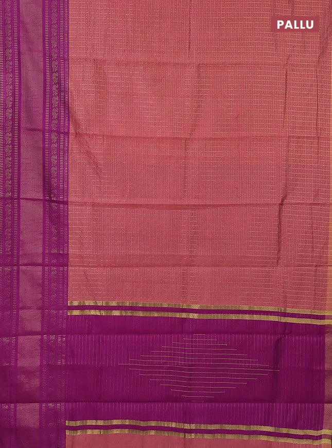 Semi dupion saree peach pink and purple with allover zari checks & buttas and long zari woven border