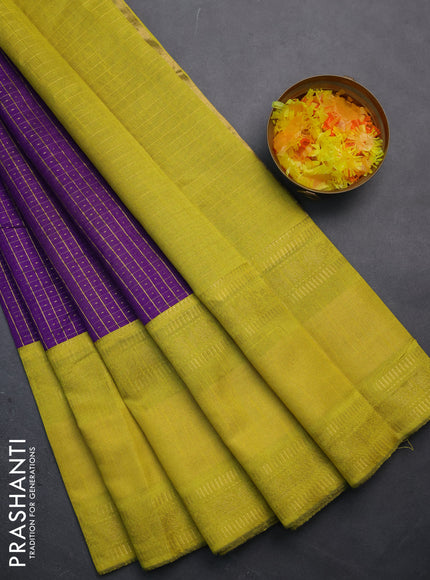 Semi dupion saree violet and lime yellow with allover zari checks & buttas and long zari woven border