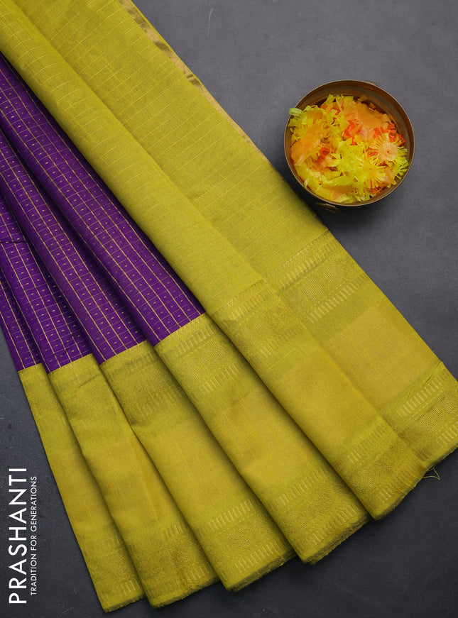 Semi dupion saree violet and lime yellow with allover zari checks & buttas and long zari woven border
