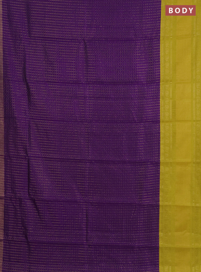 Semi dupion saree violet and lime yellow with allover zari checks & buttas and long zari woven border