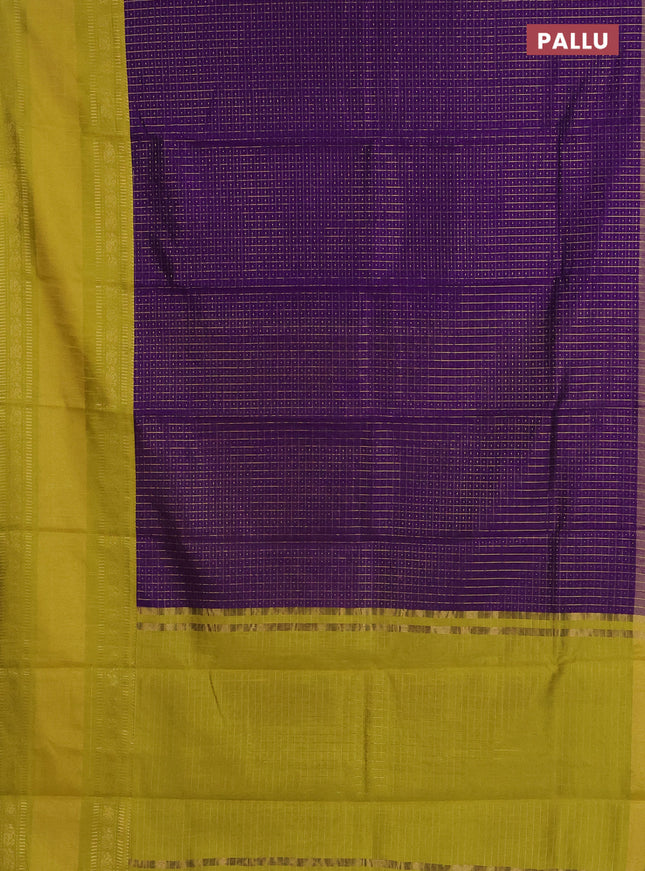 Semi dupion saree violet and lime yellow with allover zari checks & buttas and long zari woven border
