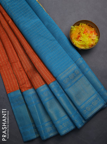 Semi dupion saree orange and teal blue with allover zari checks & buttas and long zari woven border