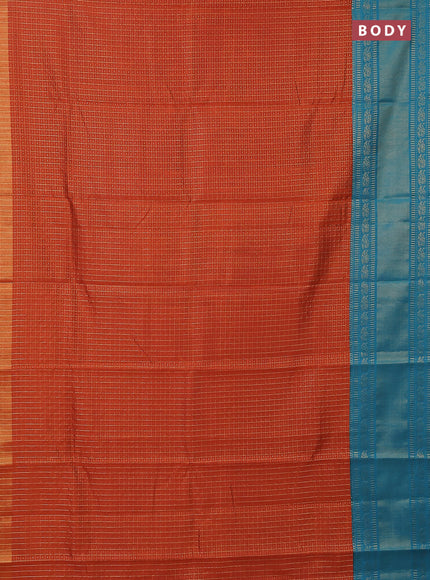 Semi dupion saree orange and teal blue with allover zari checks & buttas and long zari woven border