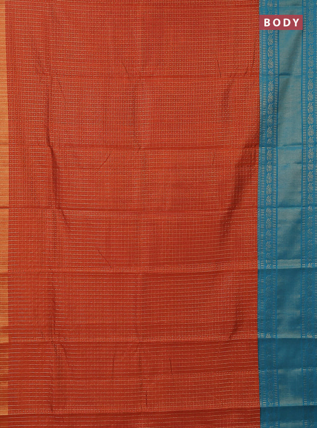 Semi dupion saree orange and teal blue with allover zari checks & buttas and long zari woven border