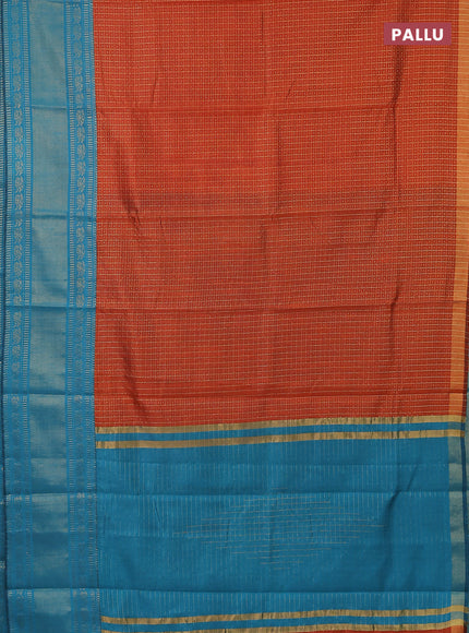 Semi dupion saree orange and teal blue with allover zari checks & buttas and long zari woven border