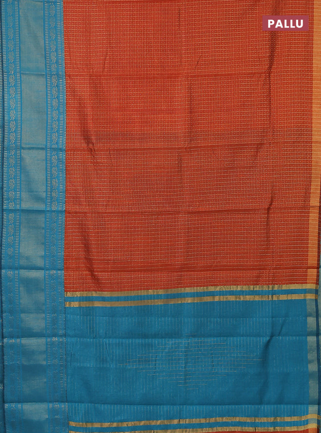 Semi dupion saree orange and teal blue with allover zari checks & buttas and long zari woven border