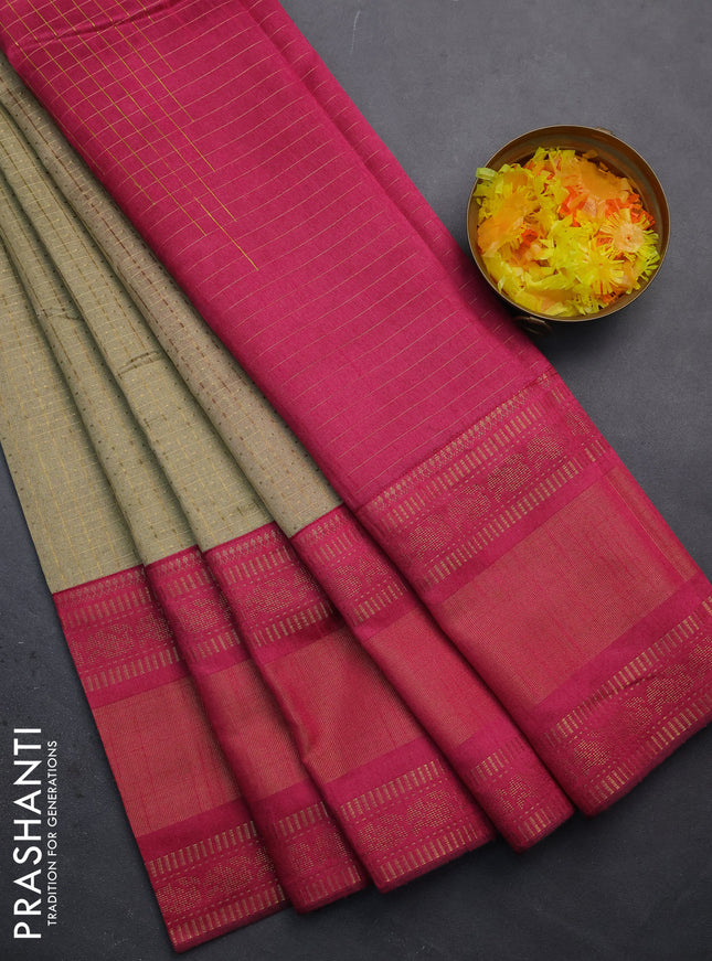 Semi dupion saree beige and magenta pink with allover zari checks & buttas and long zari woven border