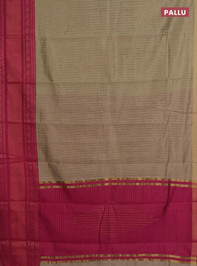 Semi dupion saree beige and magenta pink with allover zari checks & buttas and long zari woven border