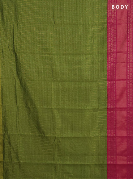 Semi dupion saree mehendi green and magenta pink with allover zari checks & buttas and long zari woven border