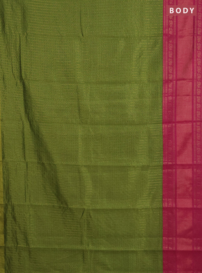 Semi dupion saree mehendi green and magenta pink with allover zari checks & buttas and long zari woven border