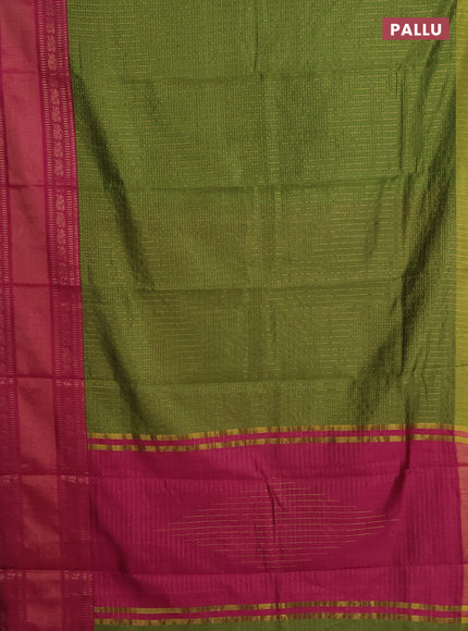 Semi dupion saree mehendi green and magenta pink with allover zari checks & buttas and long zari woven border