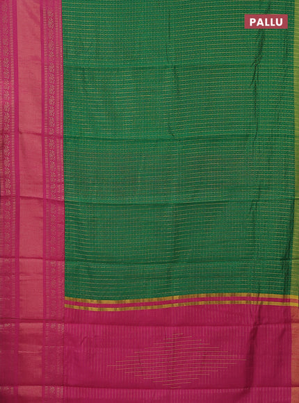 Semi dupion saree green and magenta pink with allover zari checks & buttas and long zari woven border