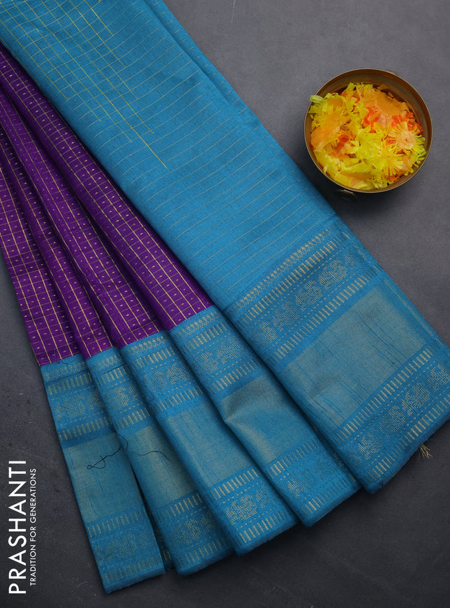 Semi dupion saree violet and teal blue with allover zari checks & buttas and long zari woven border