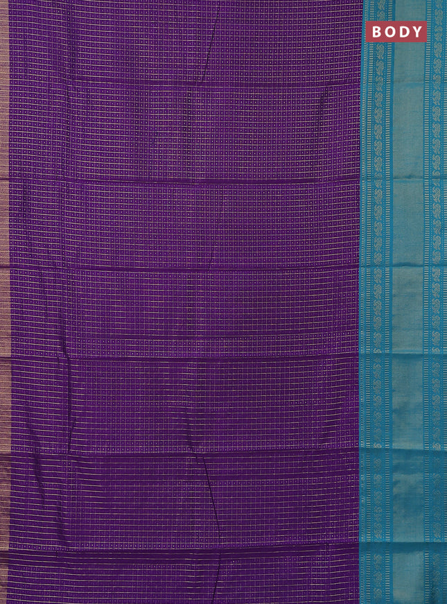 Semi dupion saree violet and teal blue with allover zari checks & buttas and long zari woven border