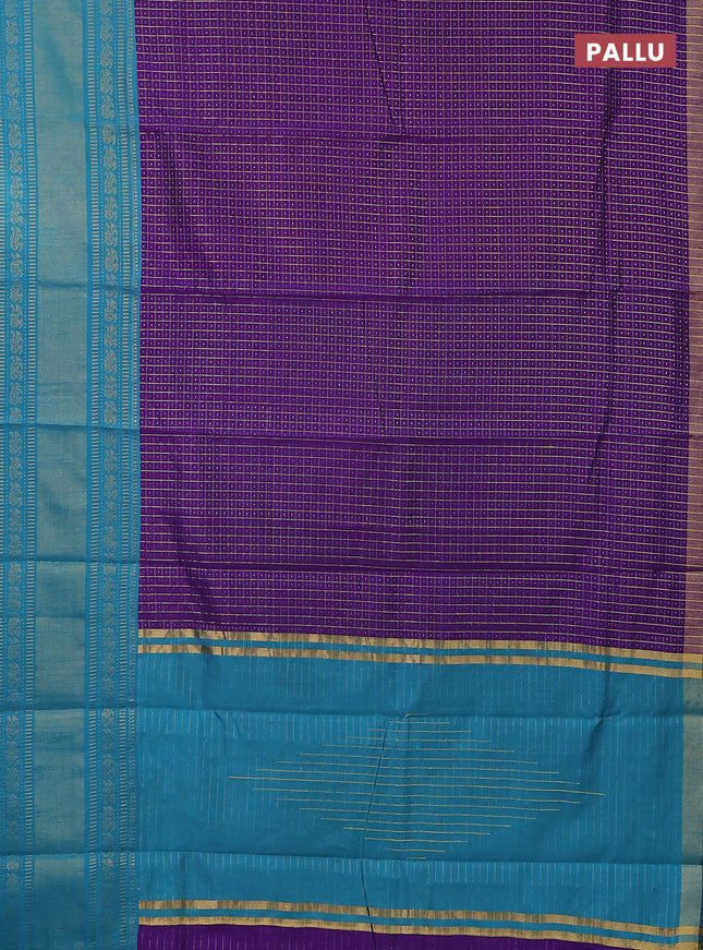 Semi dupion saree violet and teal blue with allover zari checks & buttas and long zari woven border