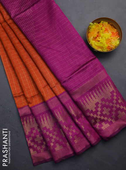 Semi dupion saree orange and purple with allover zari checked pattern and long temple zari woven border