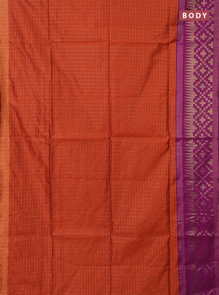 Semi dupion saree orange and purple with allover zari checked pattern and long temple zari woven border