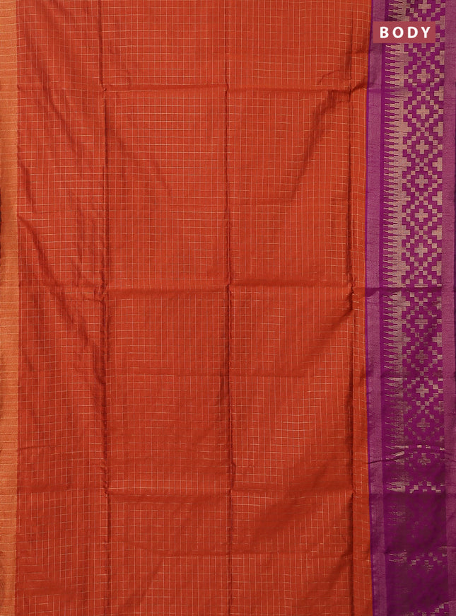 Semi dupion saree orange and purple with allover zari checked pattern and long temple zari woven border