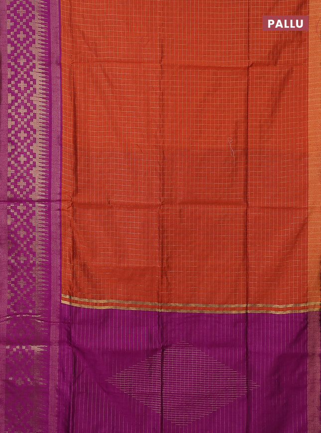 Semi dupion saree orange and purple with allover zari checked pattern and long temple zari woven border