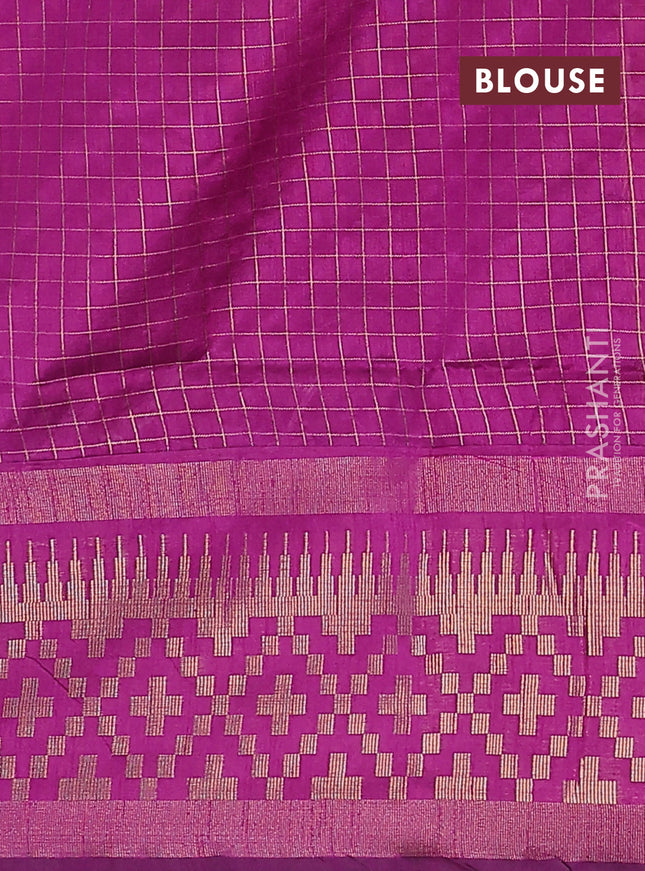 Semi dupion saree orange and purple with allover zari checked pattern and long temple zari woven border
