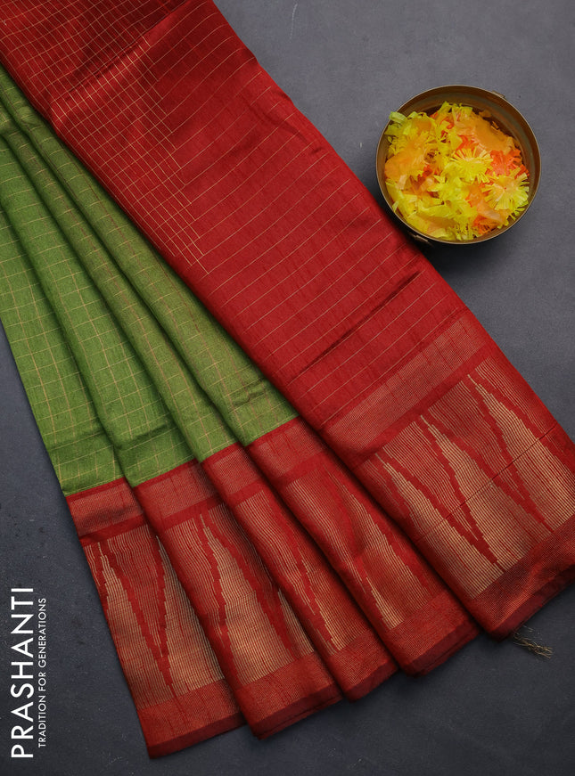 Semi dupion saree green and maroon with allover zari checked pattern and long temple zari woven border
